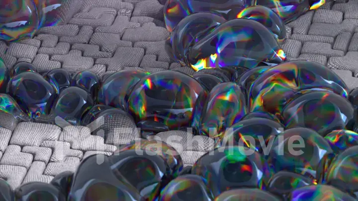 Abstract concept. Large iridescent bubbles inflate on a gray soft surface. Patterns. Puzzle. Dark and light.