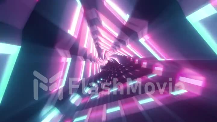 Flying through metallic glowing rotating neon triangles creating a tunnel, blue red pink violet spectrum, fluorescent ultraviolet light, modern colorful lighting, 4k seamless loop animation