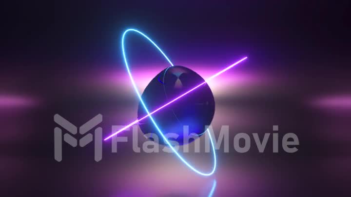 Abstract background with morphing dark spheres illuminated by neon rings. 3d animation of seamless loop