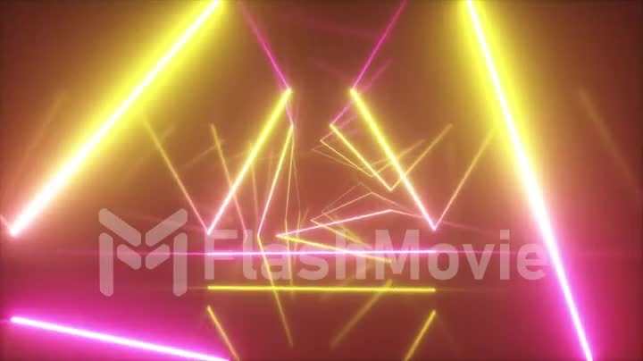 Abstract flying in futuristic corridor with triangles, seamless loop 4k background, fluorescent ultraviolet light, colorful laser neon lines, geometric endless tunnel, yellow pink spectrum, 3d render