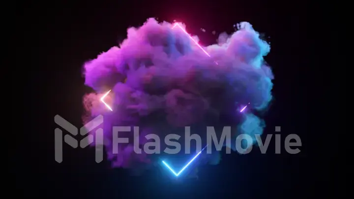 A rotating cloud illuminated by a neon light ring on a black isolated background. Glowing geometric figure.
