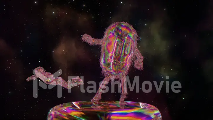 Hairy diamond capsule dances on a platform against the backdrop of space. A diamond astronaut floats. Pink neon color.