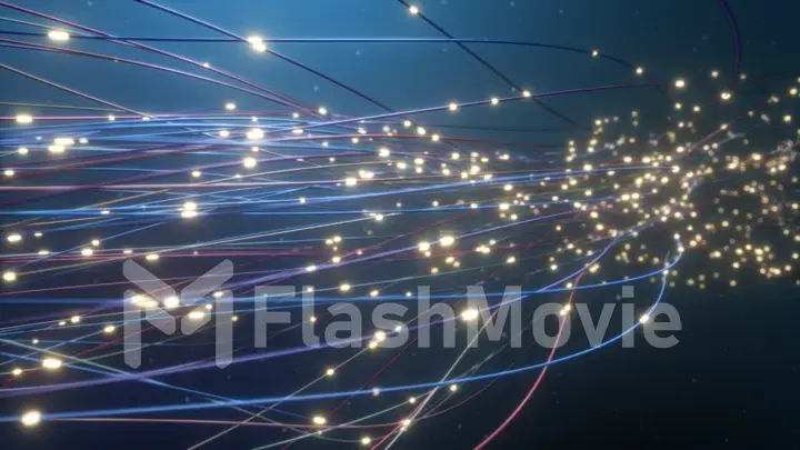 The concept of signal transmission over an optical fiber. The pulses of the signal tend along the wires. 3d illustration