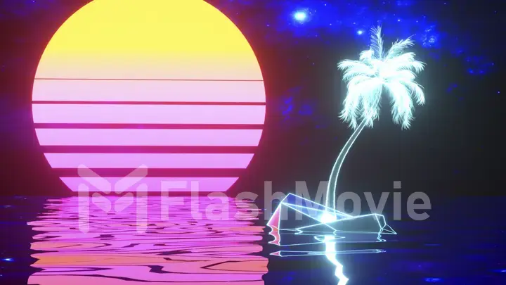 Retro futuristic style. Album's cover 80's. Digital palm tree. Neon sunset. Pink yellow blue color. 3d illustration