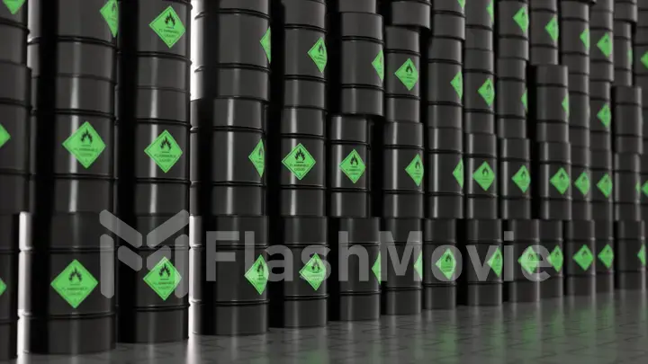 Rows of black metal barrels with biological waste. Warehouse of toxic materials. Life threatening. 3d illustration