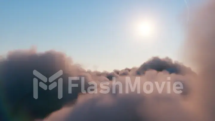 Flight through moving cloudscape with beautiful sun rays. Beautiful realistic flight over cumulus lush clouds at sunset. 3d illustration