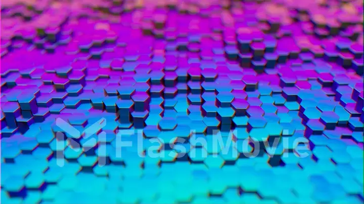 Abstract hexagons random motions background, 3d illustration. Modern ultraviolet light spectrum. Blue purple colors