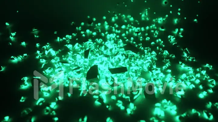 A cube of bright glowing stone shatters into thousands of small pieces in slow motion. Destruction concept 3d illustration