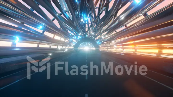 Flying in a futuristic fiber optic tunnel with a road. Future technologies concept. Business background. Pleasant natural lighting. 3d illustration