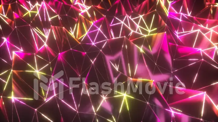 Abstract low polygonal black surface glowing at the edges. 3d illustration technology motion background. Segments of a triangle. Ultraviolet neon wireframe lines in blue violet color spectrum.