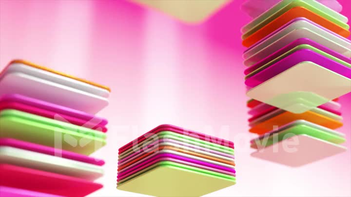 Abstract colored square flat objects are collected in stacks. Pink white green color. 3D animation of a seamless loop.