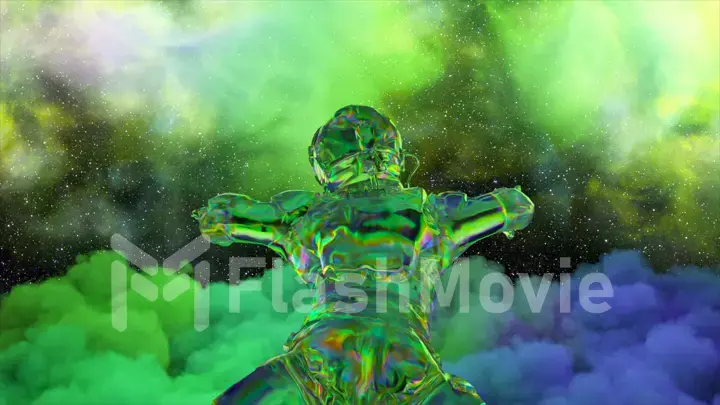An astronaut floats above a green blue cloud in outer space. Diamond suit. neon color. Milky Way. 3d illustration