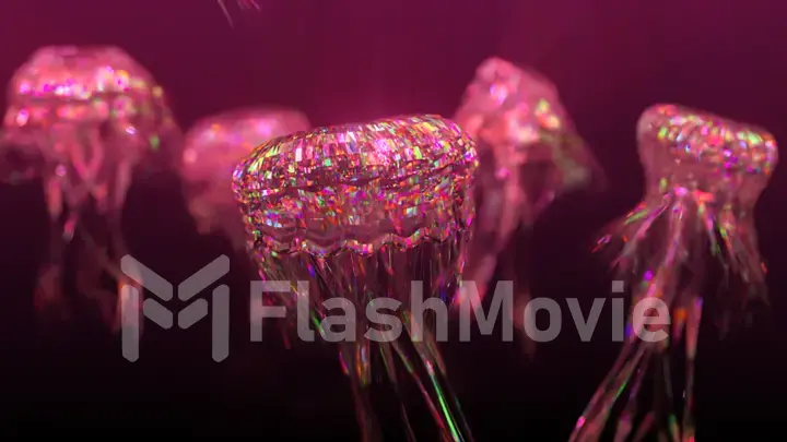 Diamond jellyfish floating upwards. Diamond collection of animals. 3d illustration