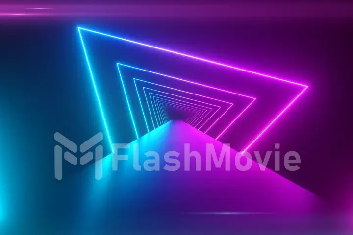 Flying through glowing rotating neon triangles creating a tunnel, blue purple pink violet spectrum, fluorescent ultraviolet light, modern colorful lighting,3d illustration