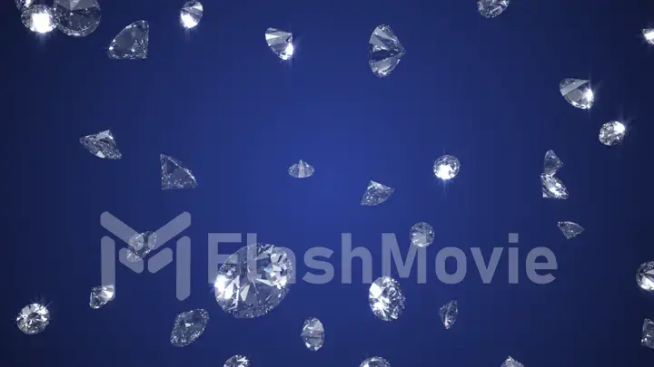 Falling shining diamonds 3d illustration on blue background