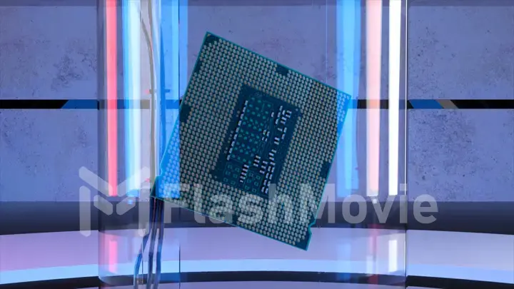 AI concept. The microchip rotates above the floor. Blue neon light. Close-up. Computer. 3d illustration