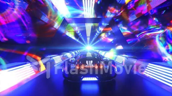 The car rushes at high speed through an endless neon technology tunnel. Futuristic concept. 3d illustration