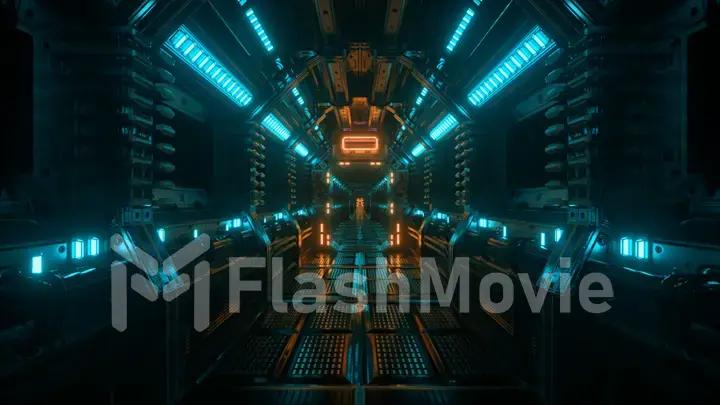 Flying into spaceship tunnel, sci-fi spaceship corridor. Futuristic technology for technical titles and backgrounds. Internet traffic graphics, speed. 33d illustration