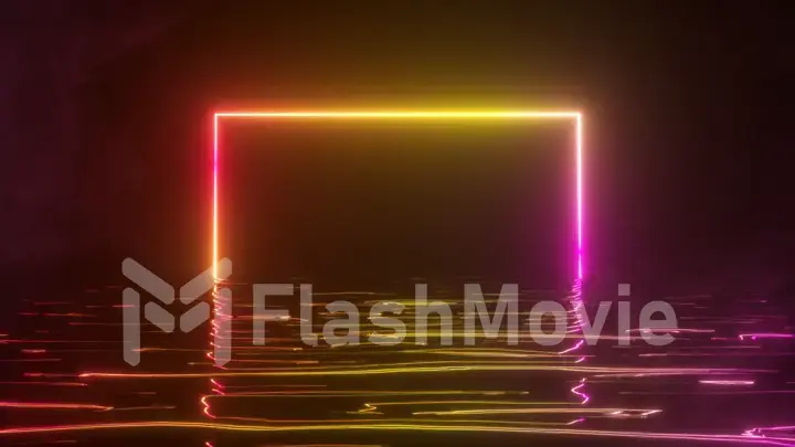 A bright neon frame shimmers with a neon spectrum of light in the water. Smoky background. 3d illustration