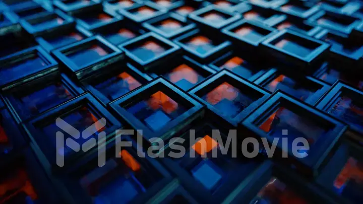 Abstract background from metal cubes with random offset effect. The glass inside the cubes reflects light. 3d illustration
