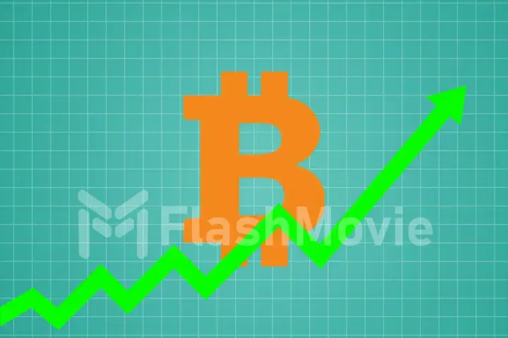 flat icon design of uptrend line arrow breaking through bitcoin sign on blue color background