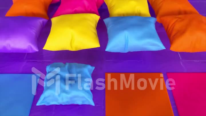 Square multi-colored symmetrical pieces of fabric are inflated and turned into a pillow. 3d animation of seamless loop