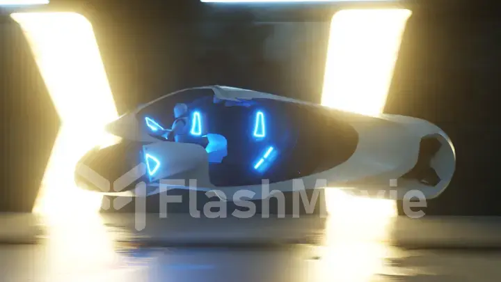 Flying a robot behind the wheel of a futuristic car in a long tunnel. Artificial intelligence and future concept. Side view 3d illustration