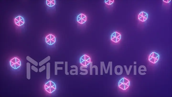 Abstract neon 3d illustration of geometric shapes. Computer generated. Modern colorful laser lighting background, motion design