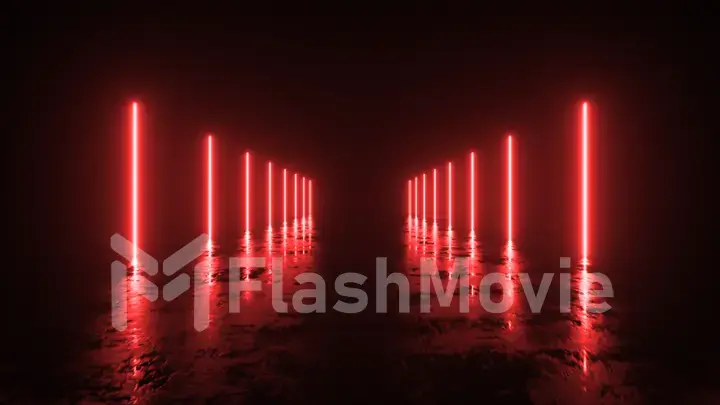 Futuristic sci fi bacgkround. Red neon lights glowing in a room with concrete floor with reflections of empty space. Alien, Spaceship, Future, Arch. Progress. 3d illustration