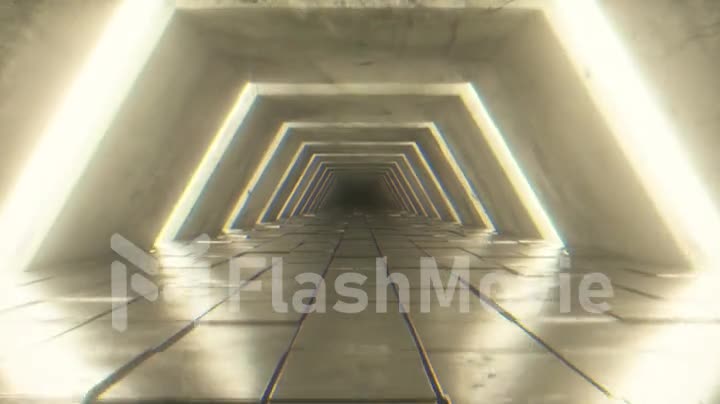 Flying in futuristic tunnel with fluorescent ultraviolet lights. Sci-fi interior corridor. Modern light spectrum. 3D render seamless loop animation 4k UHD