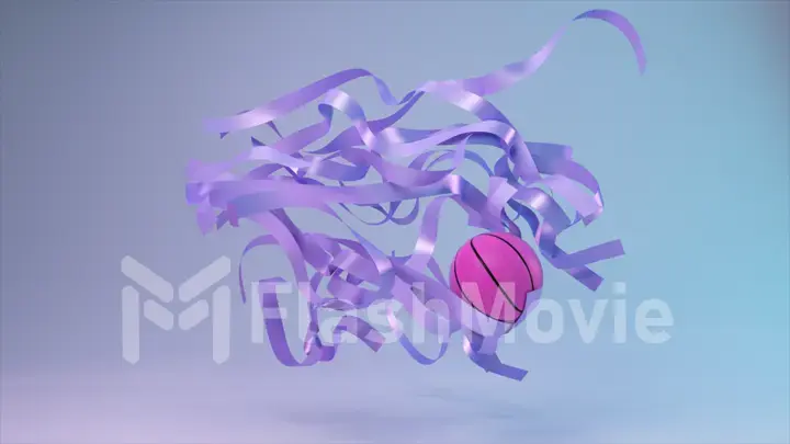 Sports concept. The violet basketball will go through the floating purple ribbons. Blue pink color. Abstract background