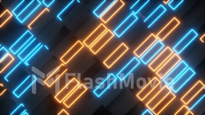 Bright abstract moving structure of rectangles with neon elements. Bright light. Modern orange blue color spectrum. 3d illustration