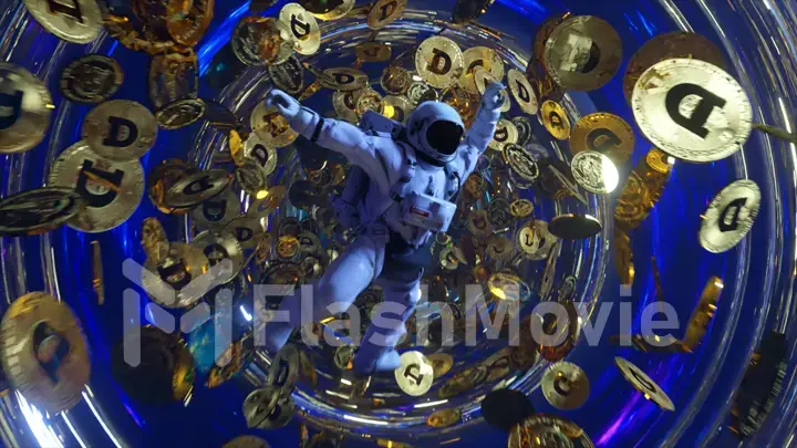 Falling astronaut in outer space surrounded by flying dogecoins. Cryptocurrency concept in space. Black hole. Interstellar. 3d illustration