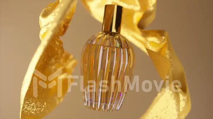 Beauty concept. Perfume bottle on abstract beige background. Pieces of silk fabric fly around the bottle.