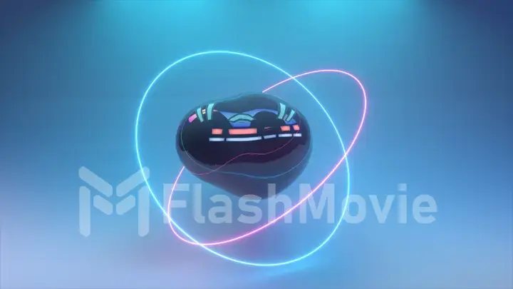 Abstract background with morphing dark spheres illuminated by neon rings. 3d illustration