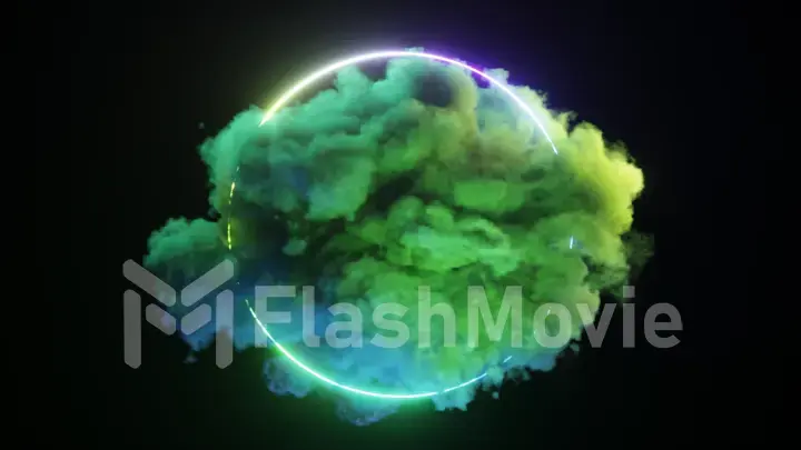 Sci-fi retro laser neon abstract technology background. A multi-colored cloud rotates around a neon circle.
