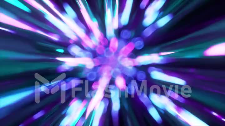 Neon glowing rays of hyperspace. Sci-fi digital footage electric move of dynamic streaks in dark backdrop. 3d animation