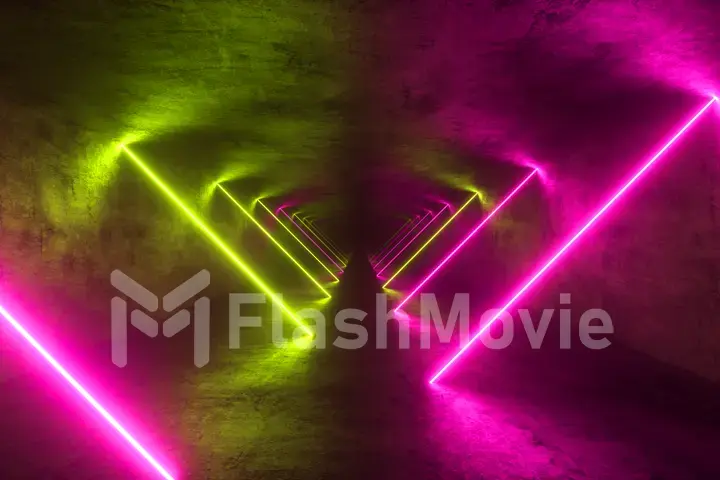 Flying in endless metal tunnel, abstract colorful neon background, ultraviolet light, glowing lines, virtual reality interface, frames, hud, pink blue spectrum, laser rays. 3d illustration