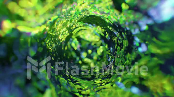 Swirling water funnel in neon lighting. Round water tunnel. Green color. 3d animation of a seamless loop.