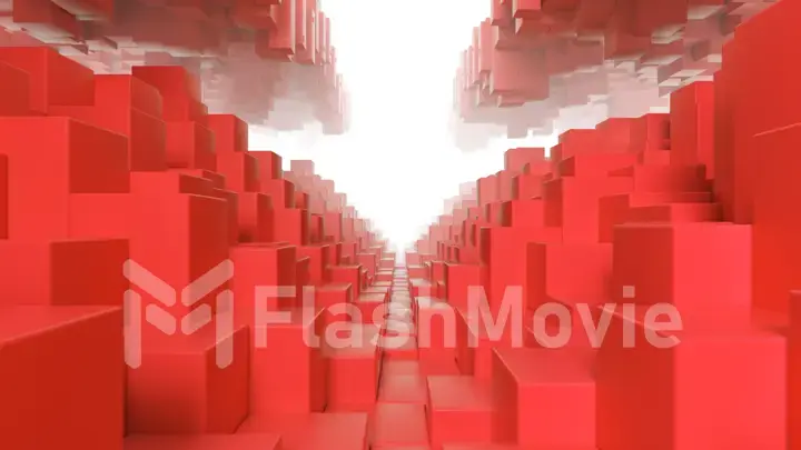 Abstract geometric tunnel made of red cubes with random movement. 3d illustration