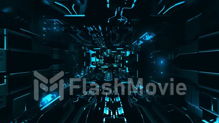 Fly inside of futuristic metallic corridor 3d rendering