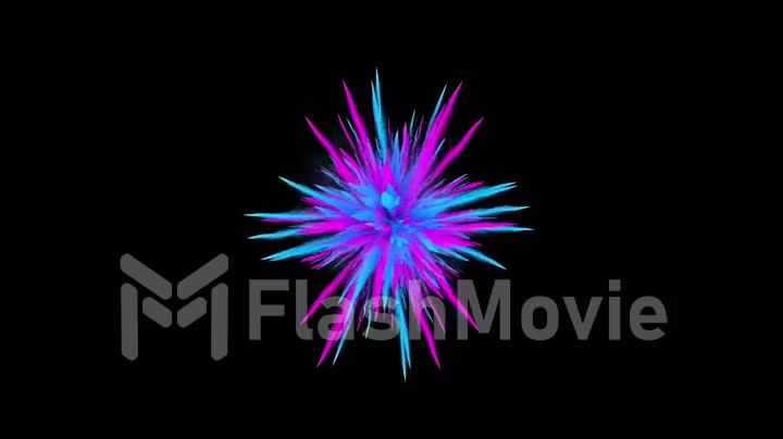 CG 3d animation of powder explosion with blue and violet colors on black background. Slow motion movement with acceleration in the beginning.