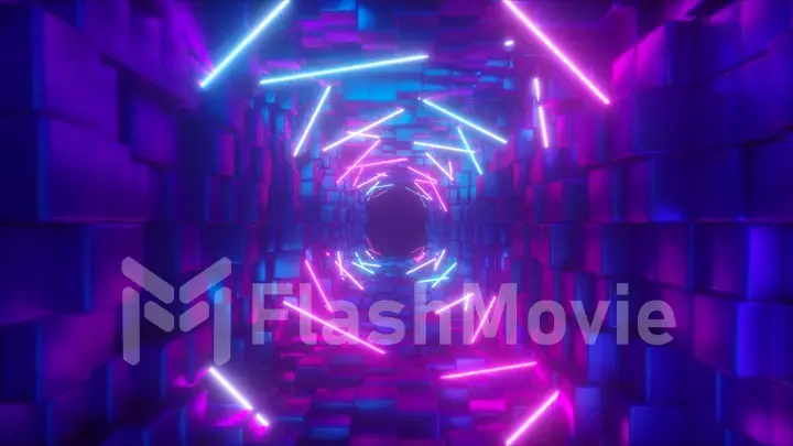 Abstract flying in futuristic corridor, fluorescent ultraviolet light, glowing colorful laser neon lines, geometric endless tunnel, blue pink spectrum, 3d illustration