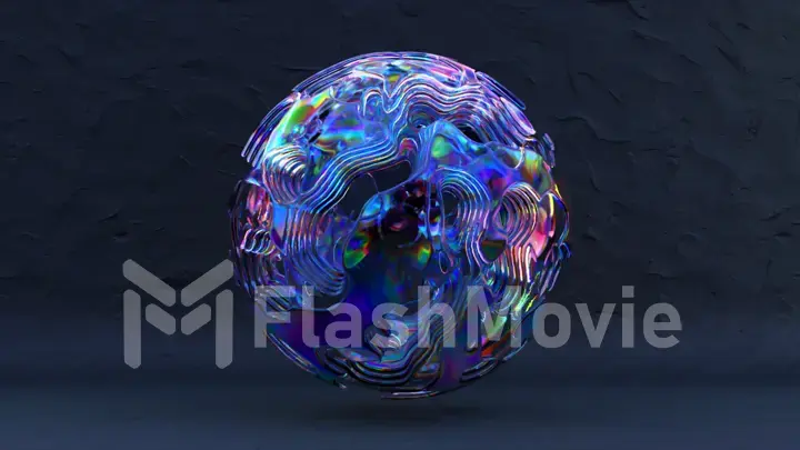 Abstract concept. A ball of liquid rainbow substance on a blue background. The surface of ball moves and changes color.