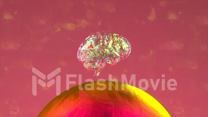 Abstract background. Transparent rainbow color. A diamond brain hovers over a golden pink sphere. 3d illustration