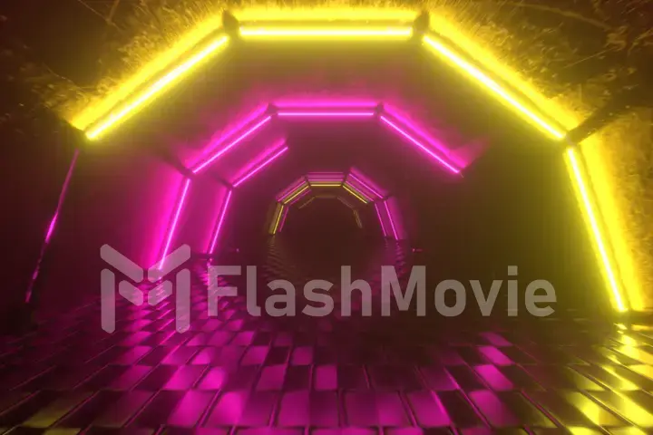 Flight through hexagonal corridor, glowing tunnel, pink yellow neon light, abstract background, 80's retro style, pop music stage, fashion podium. 3d illustration