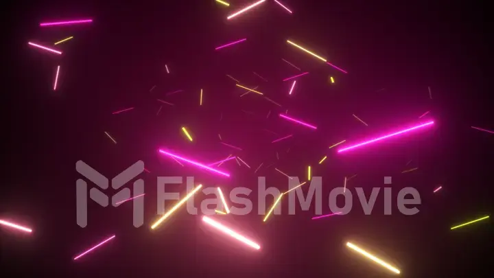 Infinite flight in space among fluorescent neon lamps. Modern yellow purple spectrum. 3d illustration