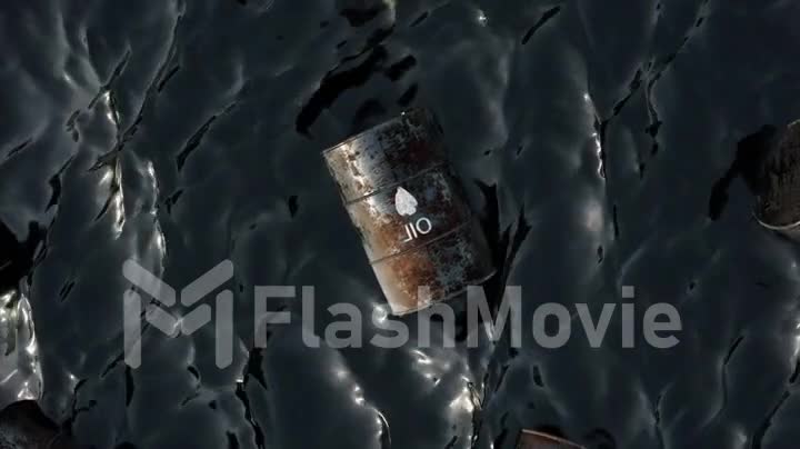 Top view of iron barrels floating in the oil sea. Toxic materials. Environmental pollution. 3d animation