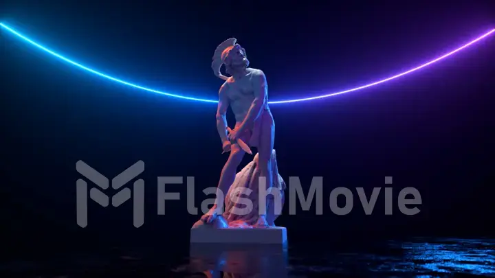 Philopoemen Sculpture illuminated by neon light. Museum art object obtained by 3D scanning. Retro futuristic design. 3d illustration