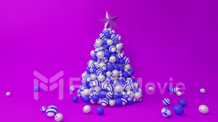 A tree of Christmas balls is growing dynamically on a bright colorful purple background. 3d animation